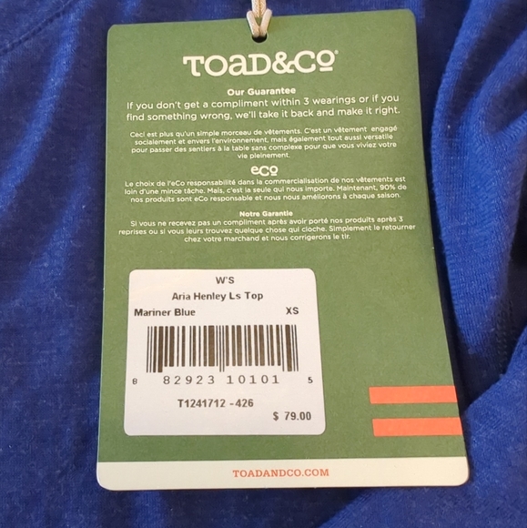 Women's Toad&Co Aria Henley Long Sleeve Top Two Button Mariner Blue Size XS - Picture 5 of 8